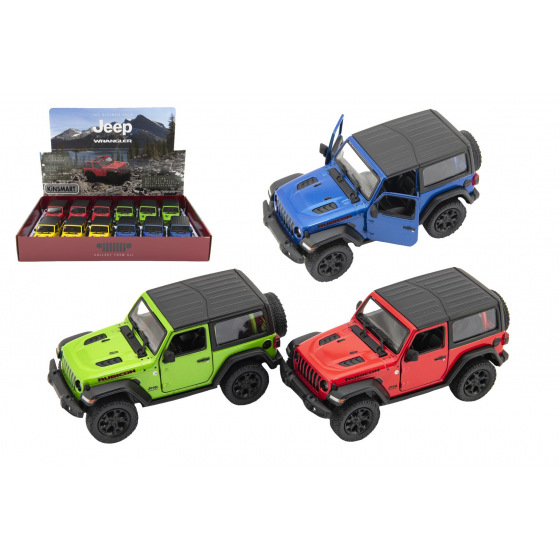 Teddies Auto Kinsmart Jeep Wrangler 2018 pevná strecha 1:34 12,5cm kov 4 farby na spätné nat. 12ks v boxe