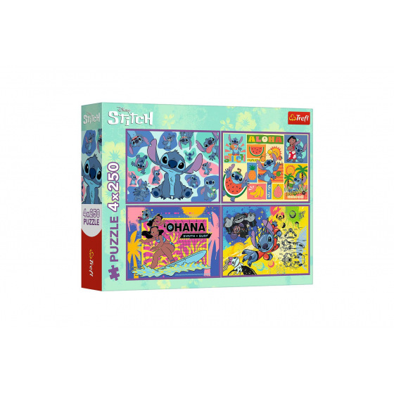 Trefl Puzzle 4v1 Úžasný Stitch 4x250 dielikov 33,9x23,9cm v krabici 34x26x6cm