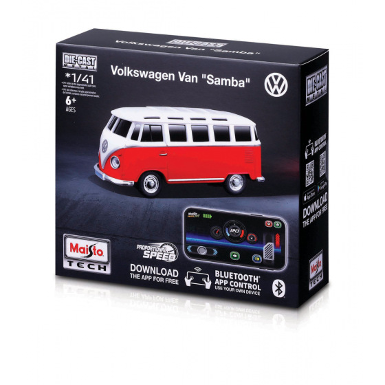 Maisto RC - 1:41 DIE-CAST METAL so svetlami, Volkswagen Van Samba, červený, XTR, Bluetooth 5.0, USB