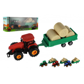 Teddies Traktor s vlekem s balíkama plast 30cm na setrvačník 3 barvy v krabici 33x12x9cm