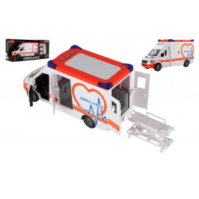 Teddies Auto ambulancia plast 28cm s lehátkom na zotrvačník so svetlom so zvukom v krabici 39x18x12cm