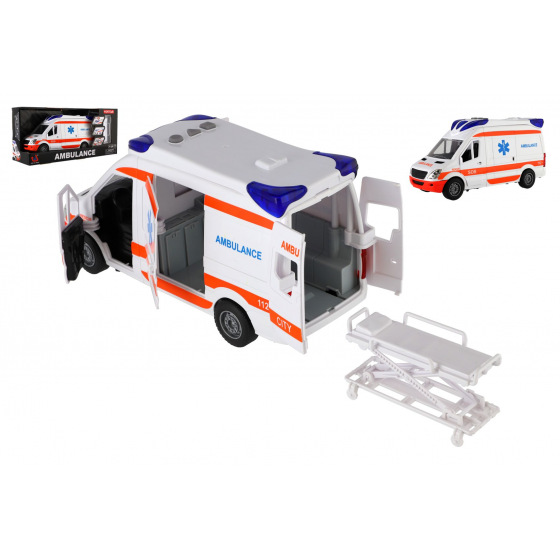 Teddies Auto ambulancia plast 26cm s lehátkom na zotrvačník so svetlom so zvukom v krabici 37x18x11, 5cm