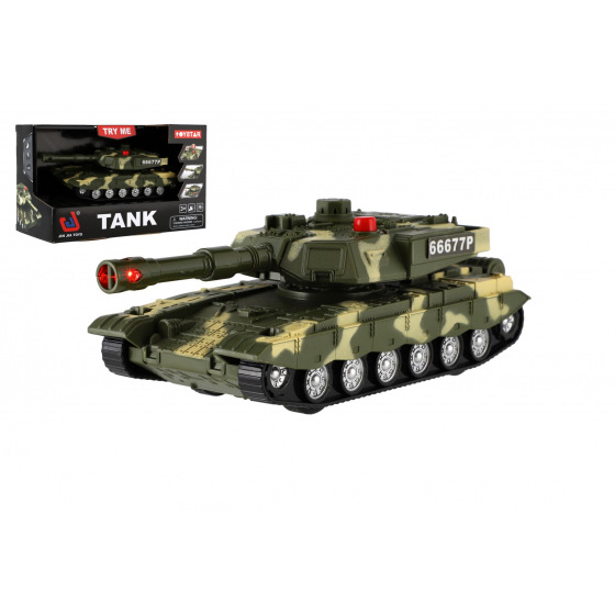 Teddies Tank plast 20cm na zotrvačník na batérie so svetlom so zvukom v krabici 23x14x11cm