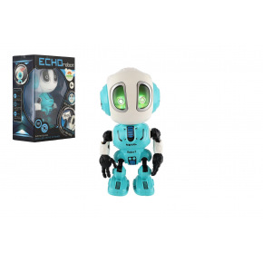 Teddies Robot ECHO opakující věty kovový 12cm modrý na baterie se zvukem se světlem v krabičce 10,5x15x5,5cm