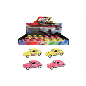 Teddies Auto Welly Volkswagen Beetle kov/plast 12cm 4 farby na spätné natiahnutie 12ks v boxe