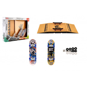 Teddies Skateboard fingerboard prstový šroubovací 2ks plast 10cm s rampou s doplňky v krabičce 30x24x6cm