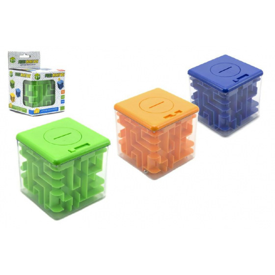 Teddies Pokladnička s hlavolamem pro otevření plast 8x8cm asst 3 barvy