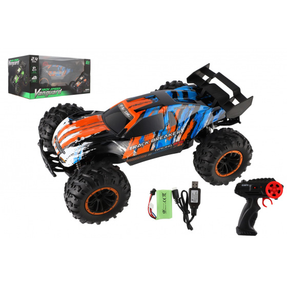 Teddies Auto RC Buggy rýchlostný 2,4 GHz plast 40cm dobíjací pack+batérie oranžové-modré v krabici 42x21x28