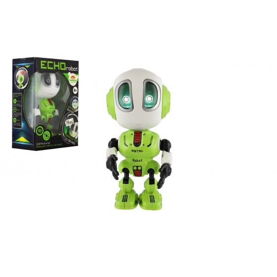 Teddies Robot ECHO opakující věty kovový 12cm zelený na baterie se zvukem, světlem v krabičce 10,5x15x5,5cm