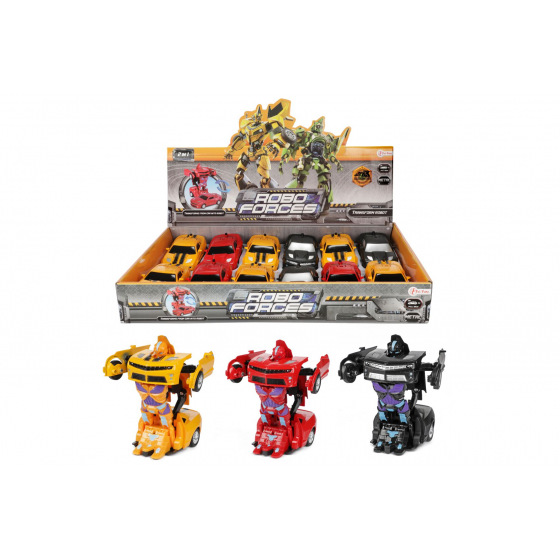 Teddies Transformer auto/robot kov/plast 13cm 3 farby na spätné natiahnutie 12ks v boxe