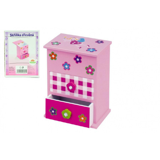 Teddies Skříňka šperkovnice růžová 2 zásuvky odklápěcí vrch police dřevo 12,2x8,16x8,7cm v krabici