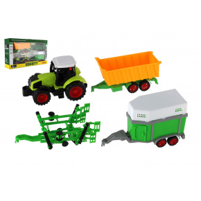 Teddies Traktor s vlekom 3ks plast 19cm na zotrvačník v krabici 45x26x10cm